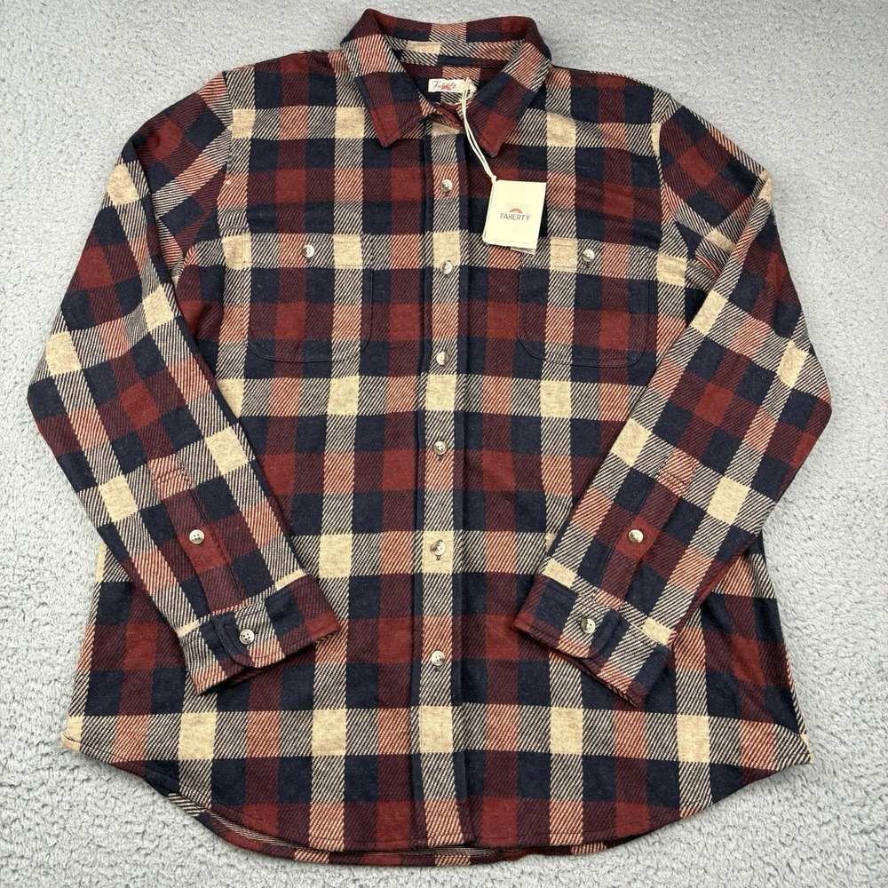 Faherty Legend Sweater Shirt Women's Large Red Blue Plaid Button Up NWT